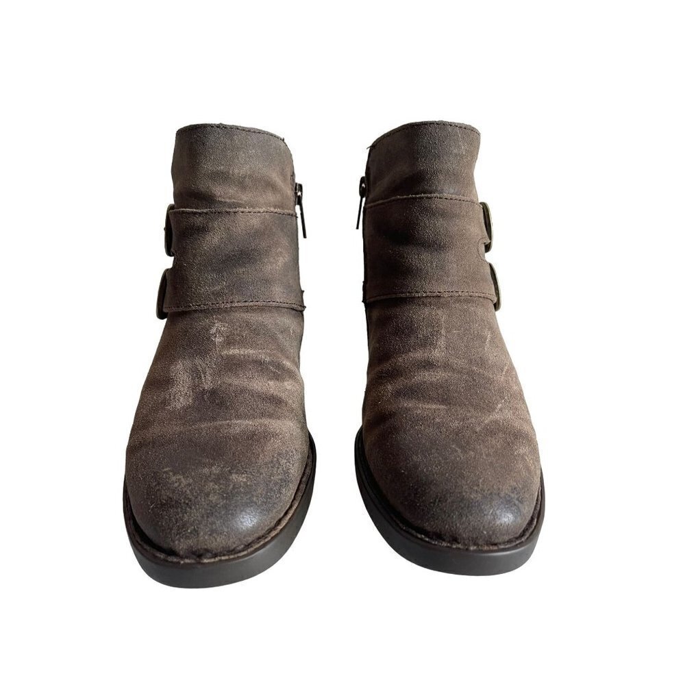BORN Size 6M Brown Suede Leather Side Zip Double Buckle Round Toe Ankle Booties - Picture 4 of 9